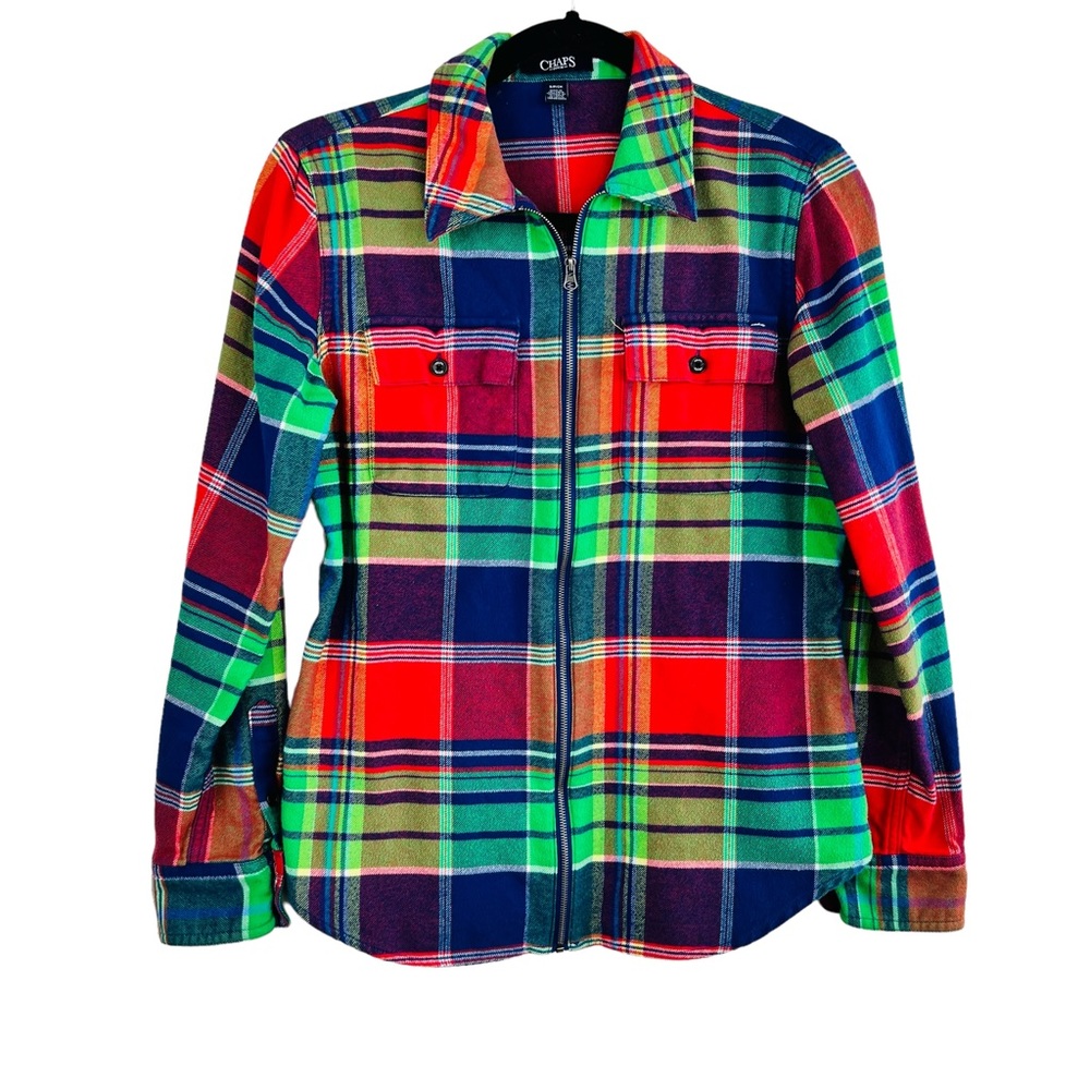 Chaps Denim Plaid Flannel Colorful Zip Up shirt Women Size S
